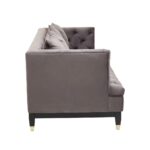 PORTO Three-Seater Sofa in viola pirate grey fabric with deep button tufting, resilient cushions, and wooden legs with gold-finish caps.