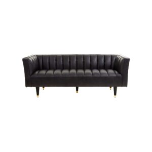 GEORGE Three-Seater Sofa in antique ebony genuine leather with flared arms, channel tufting, and mid-century inspired design.