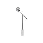 ORBIT Floor Lamp with a smoked glass shade, black powder-coated frame, marble base, adjustable arm, and integrated dimmer for modern and versatile lighting.