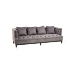 PORTO Three-Seater Sofa in viola pirate grey fabric with deep button tufting, resilient cushions, and wooden legs with gold-finish caps.