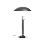 MONARCH Table Lamp with silver metal body, black marble base, glass globe, and black flying saucer-style lampshade.