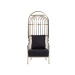 FROST Chair with silver cage frame and black leather-effect cushions, offering luxurious comfort and modern style.