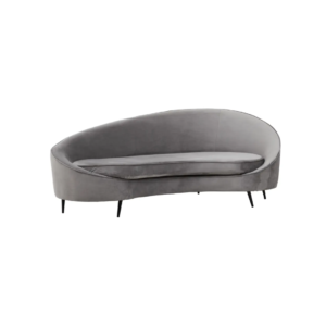 CYRUS Three-Seater Sofa in grey velvet with sculptural design, thick foam padding, and matte black metal legs for a modern, comfortable aesthetic.