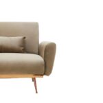 HARRO Sofa Bed in mink velvet with a convertible backrest, foam-padded seat, angular arms, and rose gold-finished metal legs for modern elegance.