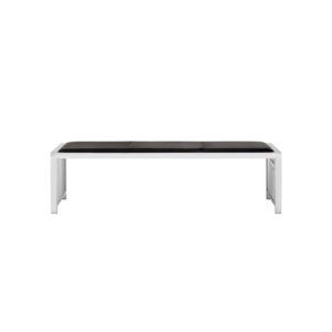 FFLOYD Bench with genuine black leather, stainless steel frame, slatted side details, and segmented stitching for a modern monochrome look.