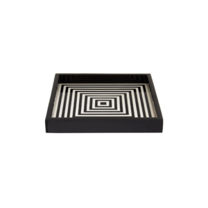 VOSS Square Tray with bold black-and-white 3D striped design, handcrafted wood with resin finish for serving or showcasing.