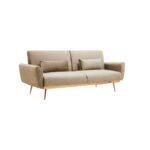 HARRO Sofa Bed in mink velvet with a convertible backrest, foam-padded seat, angular arms, and rose gold-finished metal legs for modern elegance.