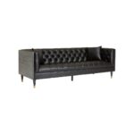 ZEISS Three-Seater Sofa in black faux leather with Chesterfield-inspired deep button tufting and natural pine wood frame.