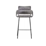 YORK Barstool in grey faux leather with padded seat, low back, flared armrests, and gold finish tubular legs with footrest for modern interiors.