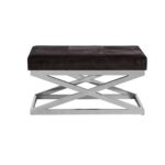 CLYNE Bench with black hair-on-hide leather seat and silver stainless-steel legs for modern decor.