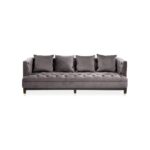 PORTO Three-Seater Sofa in viola pirate grey fabric with deep button tufting, resilient cushions, and wooden legs with gold-finish caps.