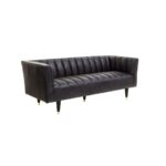 GEORGE Three-Seater Sofa in antique ebony genuine leather with flared arms, channel tufting, and mid-century inspired design.