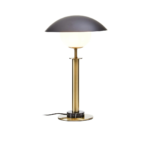 MONARCH Gold Table Lamp with a polished gold body, black marble base, glass globe, and a flying saucer-style black shade.