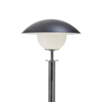 MONARCH Table Lamp with silver metal body, black marble base, glass globe, and black flying saucer-style lampshade.