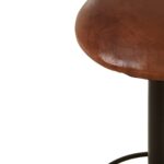 VERNE Barstool featuring a brown leather round seat, black iron cylindrical stand, wide footrest with lattice design, and stable chunky base.