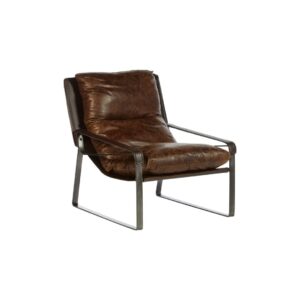 BASTIEN Lounge Chair with distressed brown leather upholstery, contrasting stitching, cushioned seat, and metallic frame for industrial-style living spaces.