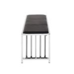 FFLOYD Bench with genuine black leather, stainless steel frame, slatted side details, and segmented stitching for a modern monochrome look.