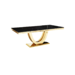 VIENA Dining Table with brushed gold arc pedestal base and black cultured marble top, featuring clean edges and a refined design.