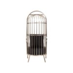 FROST Chair with silver cage frame and black leather-effect cushions, offering luxurious comfort and modern style.