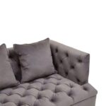 PORTO Three-Seater Sofa in viola pirate grey fabric with deep button tufting, resilient cushions, and wooden legs with gold-finish caps.