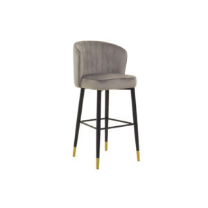 RUNE Barstool with grey velvet upholstery, cushioned seat, curved backrest, and sleek black legs with gold-tipped accents.