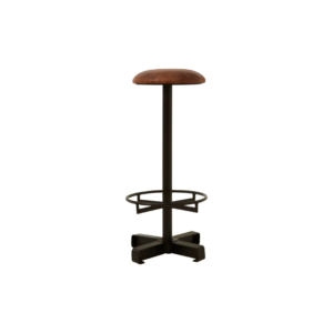 VERNE Barstool featuring a brown leather round seat, black iron cylindrical stand, wide footrest with lattice design, and stable chunky base.