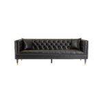 ZEISS Three-Seater Sofa in black faux leather with Chesterfield-inspired deep button tufting and natural pine wood frame.