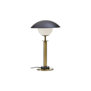 MONARCH Gold Table Lamp with a polished gold body, black marble base, glass globe, and a flying saucer-style black shade.