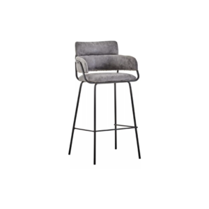 YORK Barstool in grey faux leather with padded seat, low back, flared armrests, and gold finish tubular legs with footrest for modern interiors.