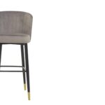 RUNE Barstool with grey velvet upholstery, cushioned seat, curved backrest, and sleek black legs with gold-tipped accents.