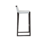 PIERCE Barstool with grey leather seat, stud detailing, and black teak wood frame with integrated footrest.