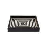 VOSS Square Tray with bold black-and-white 3D striped design, handcrafted wood with resin finish for serving or showcasing.