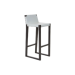 PIERCE Barstool with grey leather seat, stud detailing, and black teak wood frame with integrated footrest.