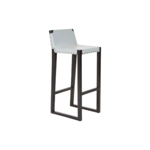 PIERCE Barstool with grey leather seat, stud detailing, and black teak wood frame with integrated footrest.