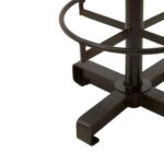 VERNE Barstool featuring a brown leather round seat, black iron cylindrical stand, wide footrest with lattice design, and stable chunky base.