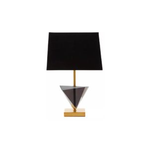 CAVALIER Table Lamp with smoked crystal geometric base, gold metal frame, and black shade, perfect for modern interiors.