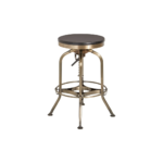 WREN Barstool with brass steel frame and black ash wood seat, featuring adjustable height for versatile use.