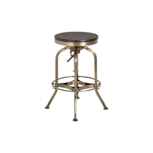 WREN Barstool with brass steel frame and black ash wood seat, featuring adjustable height for versatile use.