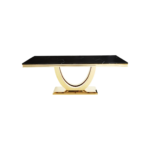 VIENA Dining Table with brushed gold arc pedestal base and black cultured marble top, featuring clean edges and a refined design.