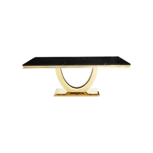 VIENA Dining Table with brushed gold arc pedestal base and black cultured marble top, featuring clean edges and a refined design.