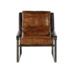 BASTIEN Tan Lounge Chair with light brown distressed leather, cushioned backrest, tonal stitching, and sleek metallic frame for a modern industrial look.