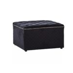 HUXLEY Ottoman in black velvet featuring button-tufted seat, diagonal tufted sides, and stud detailing for a sleek modern design.