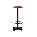 VERNE Barstool featuring a brown leather round seat, black iron cylindrical stand, wide footrest with lattice design, and stable chunky base.