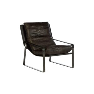 BASTIEN Black Lounge Chair with distressed genuine leather, cushioned backrest and seat, and sleek metallic frame for a modern industrial look.