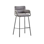 YORK Barstool in grey faux leather with padded seat, low back, flared armrests, and gold finish tubular legs with footrest for modern interiors.