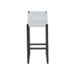 PIERCE Barstool with grey leather seat, stud detailing, and black teak wood frame with integrated footrest.