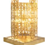 PONTES Table Lamp featuring a solid brass lattice design, brushed brass finish, integrated touch dimmer, and dual G9 sockets for modern elegance.