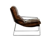 BASTIEN Tan Lounge Chair with light brown distressed leather, cushioned backrest, tonal stitching, and sleek metallic frame for a modern industrial look.