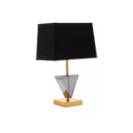 CAVALIER Table Lamp with smoked crystal geometric base, gold metal frame, and black shade, perfect for modern interiors.