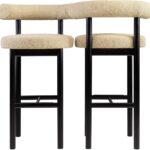 Modern SOSIS Bar Stool with rounded backrest, Trondheim upholstery, and a minimalist black frame. Perfect for stylish bar or kitchen settings.